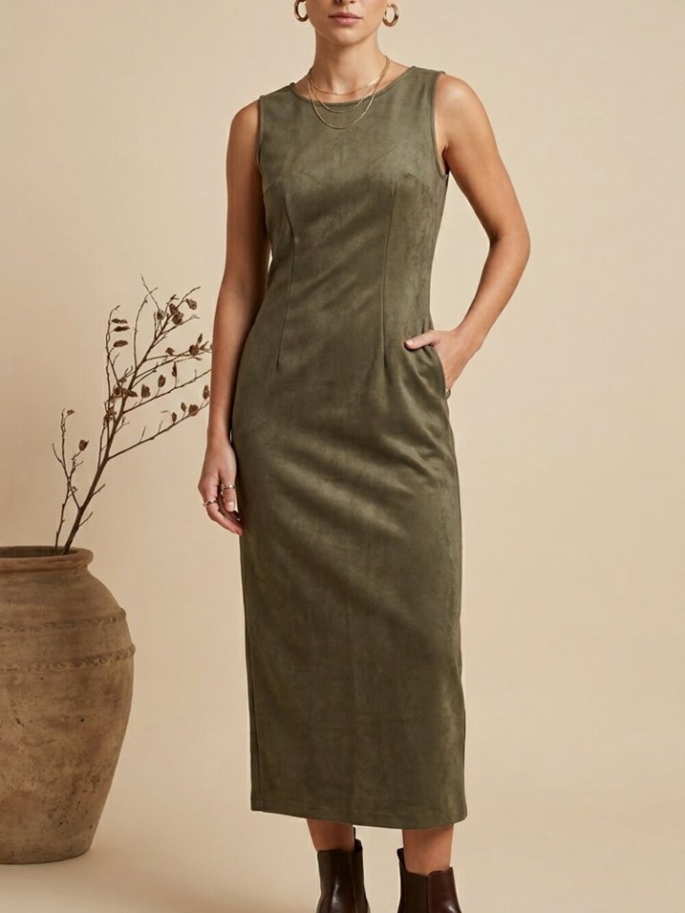 Olive Green Faux Suede Moleskin Maxi Column Dress 14 Spring Grunge 90s Y2k